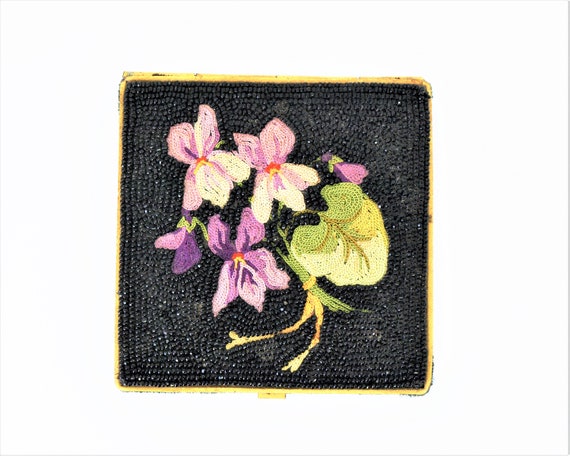 Beaded Compact Crewel Embroidered Violets Swansdo… - image 1