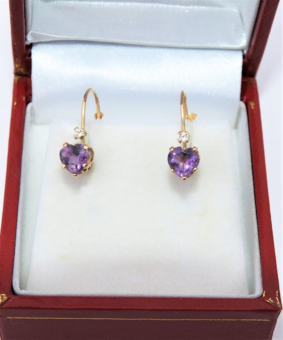 Amethyst Diamond Earrings 14k Heart Shape Dainty D