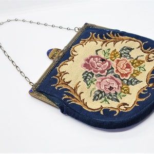 Petit Point Embroidered Purse Hand Bag Brocade Royal Blue Lapis Jeweled Top