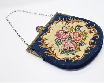 Petit Point Embroidered Purse Hand Bag Brocade Royal Blue Lapis Jeweled Top