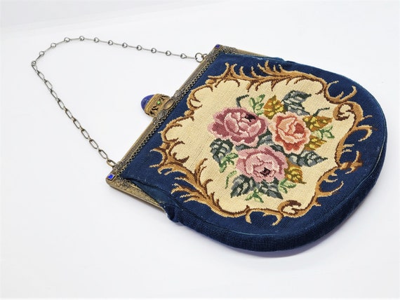Petit Point Embroidered Purse Hand Bag Brocade Ro… - image 1