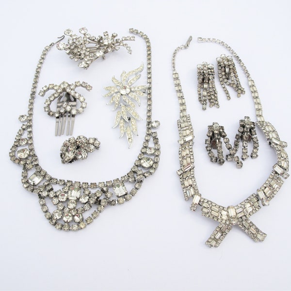 Rhinestone Jewelry Lot Hobe Sarah Coventry 11 Pieces Necklaces Earrings Brooch Hair Clip