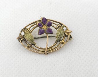 Antique Gold Filled Enamel Flower Brooch Purple Handpainted 1920s