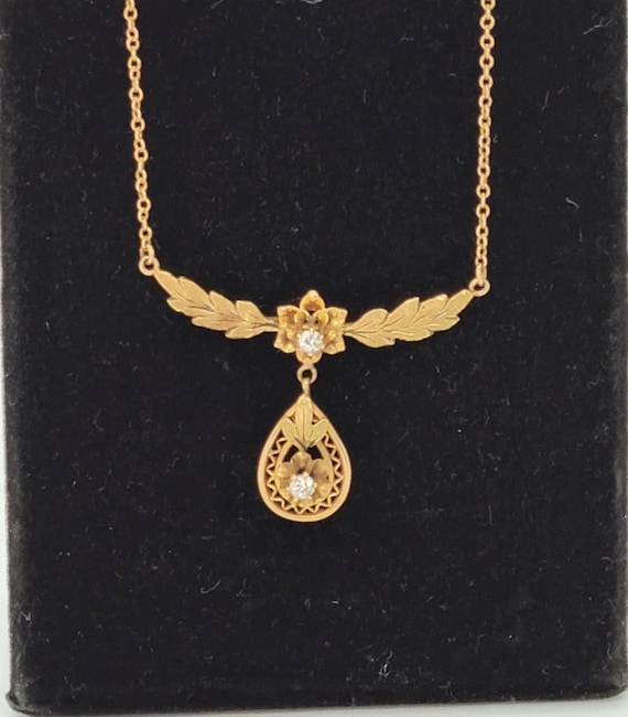 Antique Diamond Lavalier Pendant Necklace 10k Gold