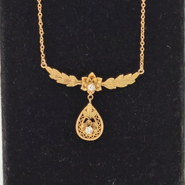 Antique Diamond Lavalier Pendant Necklace 10k Gold Edwardian Rose Gold Yellow Gold