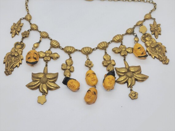 Chinese Brass and Hediao Beads Necklace Carved Nu… - image 3