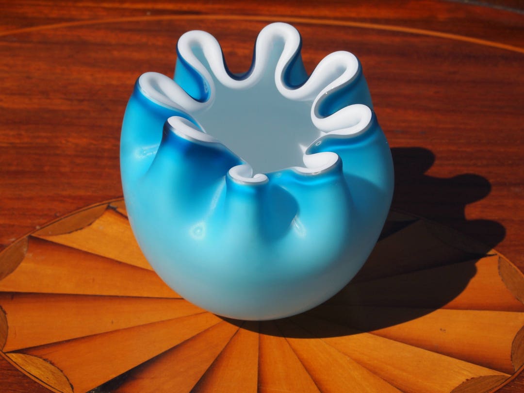 Blue Cased Glass Vase Rose Bowl Art Glass Satin Glass Crimped Ruffled