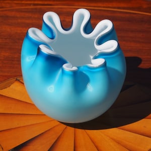 Blue Cased Glass Vase Rose Bowl Art Glass Satin Glass Crimped Ruffled Mt Washington Fenton