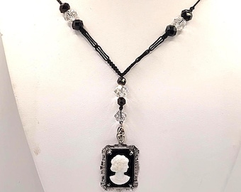Antique Onyx Cameo Sterling Pendant Necklace Black White Crystals