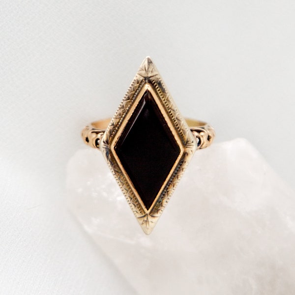 Art Deco Ring Large Diamond Shape Onyx Ring in 14k Gold - JL879