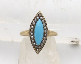 ビクトリアン ターコイズ & シード パール リング 14K イエロー