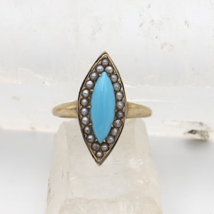 Victorian Turquoise and Pearl Navette Ring in 14k Yellow Gold - JL877