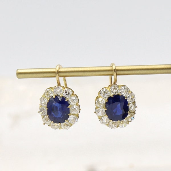 Victorian Style Sapphire 4.40 cts and Diamond 2.20 cts Cluster Earrings - DK156