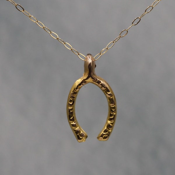 Antique Art Nouveau Repoussé Wishbone Pendant in 14k Yellow Gold with 14k Gold Chain- JL809