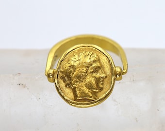 Ancient Macedonian 24k Gold Coin 359-336 BC of Philip II AV Stater Mounted in a 22k Gold Antique Ring - DK601