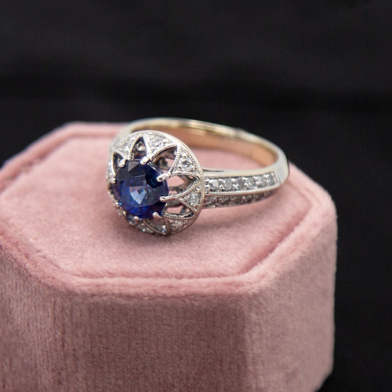 Sapphire & Diamond Halo Ring / Art Deco Style Sapphire - Etsy