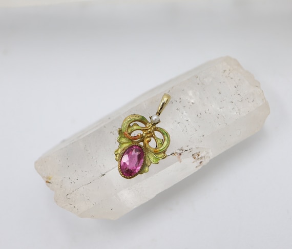 Antique Art Nouveau Pink Sapphire and Enamel Pend… - image 4