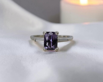 Anillo de espinela lavanda púrpura / 1,67 ct talla cojín / Oro blanco vintage de 14k