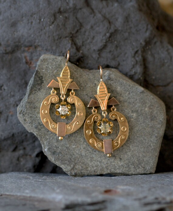 Diamond Earrings 18k Gold Etruscan Revival Victorian Etsy