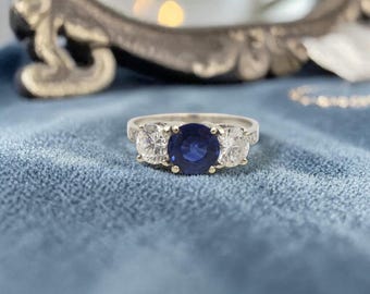 Past Present Future Sapphire Diamond Engagement Ring 14k White Gold