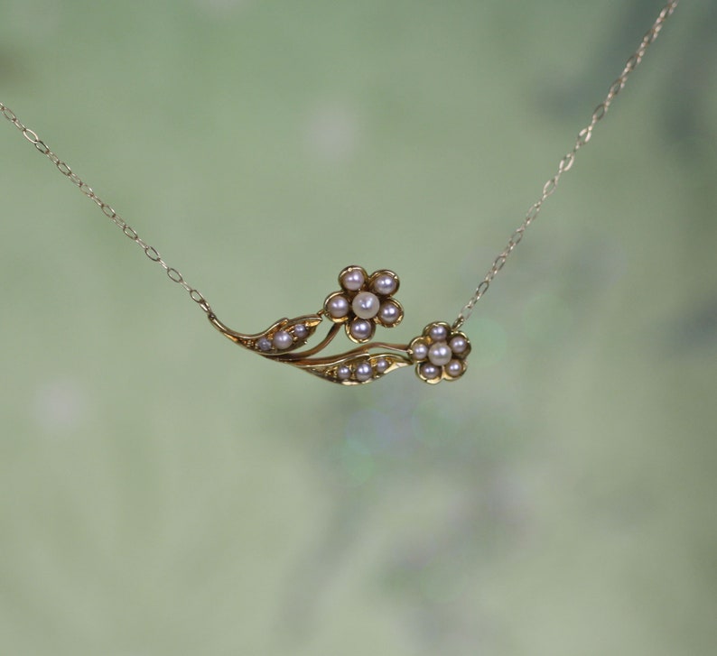 Antique Art Nouveau Double Daisy Flower Necklace in 15k Gold on 14k Yellow Gold 16 Chain JL507