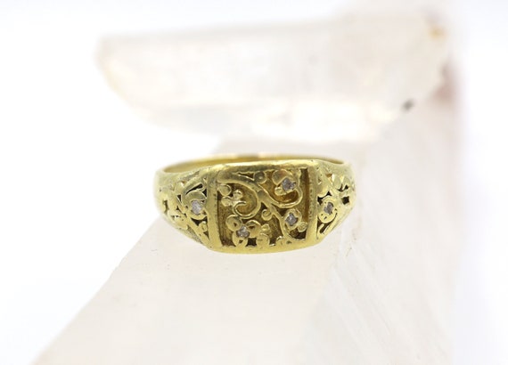 Antique Chinese Gold Diamond Signet Ring in 18k Yellow Gold DK591