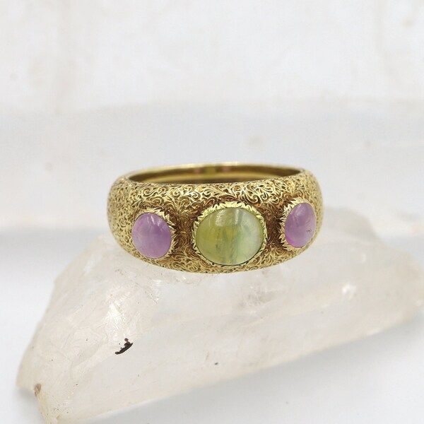 Buccellati Three Stone Ring Chrysoberyl and Rose Quartz  in 18k Yellow Gold - BB1024