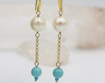 Elegant Pearl and Turquoise Drop Earrings in Deep, Rich 14k Yellow Gold- JL1347