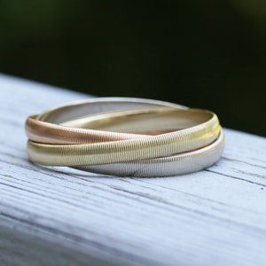 14K Tri-Color Gold Trinity Rolling Bangle Bracelet 7 mm Wide Each Bangle - DK204
