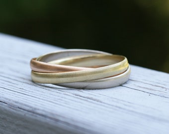 14K Tri-Color Gold Trinity Rolling Bangle Bracelet 7 mm Wide Each Bangle - DK204