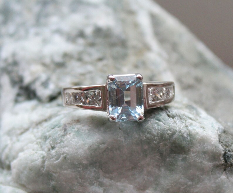 Aquamarine and Princess Cut Diamond Ring in 14k White Gold | Etsy