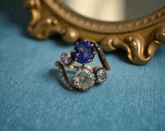 Anillo victoriano Toi Et Moi de zafiro y diamantes