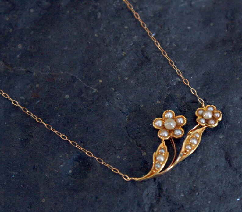 Antique Art Nouveau Double Daisy Flower Necklace in 15k Gold on 14k Yellow Gold 16 Chain JL507