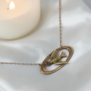 Art Nouveau Swallow Necklace in 10k Gold With Ruby | Converted Brooch Pendant |
