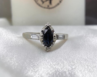 Marquise Teal Sapphire Ring with Channel-Set Baguette Diamonds in 14k White Gold