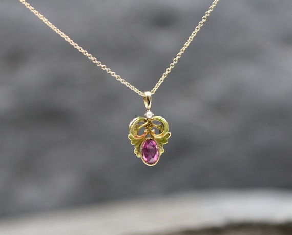 Antique Art Nouveau Pink Sapphire and Enamel Pend… - image 6