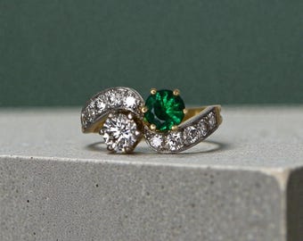 French Emerald Diamond Gold Toi et Moi Engagement Ring in 18k Gold and Platinum
