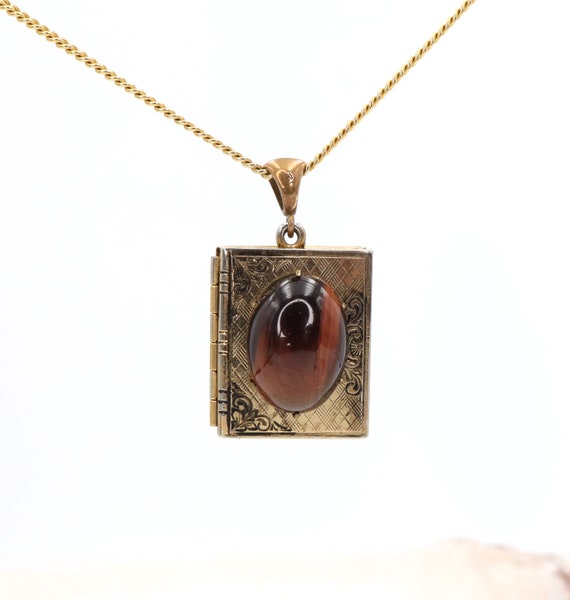 Vintage Picture Locket with Tiger's Eye / Gold Pl… - image 1