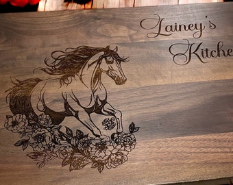 Horse & Floral Cutting Board | Unique Gift for Horse Lovers | Wooden Kitchen Decor