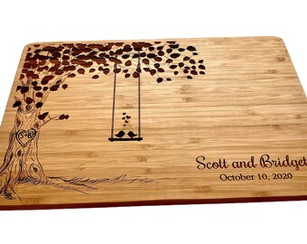 Personalized Cutting Board, Custom Wedding Gift, Anniversary, Wood Chopping Block, Love Birds on Swing, Tree with Heart, Engagement Present