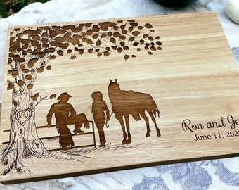 Personalized Cutting Board, Cowboy, Cowgirl, Horse, Equestrian Art, Wedding Gift, Chopping Block, Heart on Tree, Western