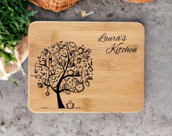 Personalized Cutting Board Kitchen Tree of Utensils, Pot, and Pans