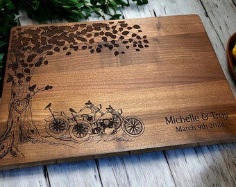 Personalized Cutting Board Motorcycle Wedding Gift Custom Engraved Wood Initials Anniversary Gift Kitchen Art Hog