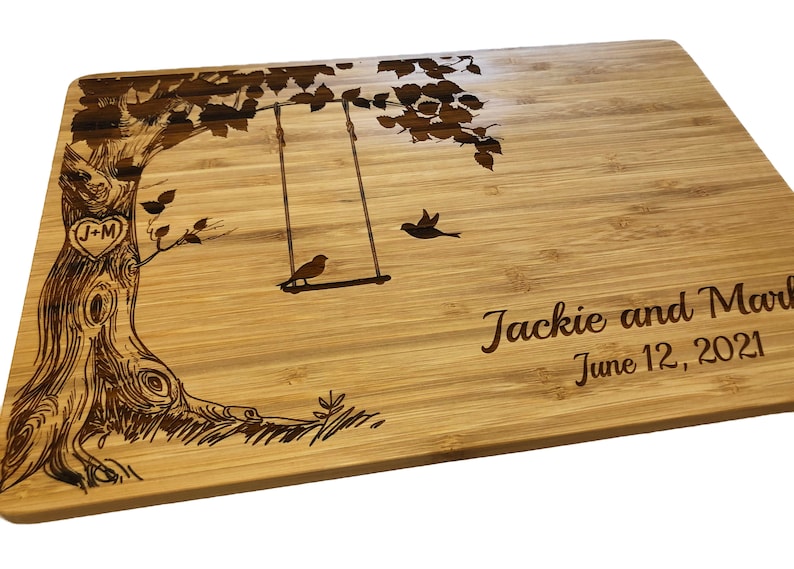 Personalized Cutting Board, Custom Wedding Gift, Love Birds on Swing, Anniversary Gift, Chopping Block, Gift for Couple, Bridal 