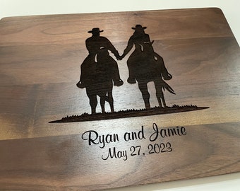 Cowboy and Cowgirl Holding Hands Personalized Cutting Board Horseback Riders