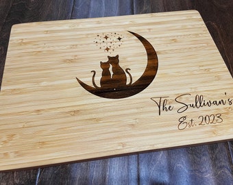 Personalized Cutting Board, Cats on the Moon, Custom Cheese Board, Wedding Gift, Bridal Shower, Engagement, Anniversary, New Home Gift