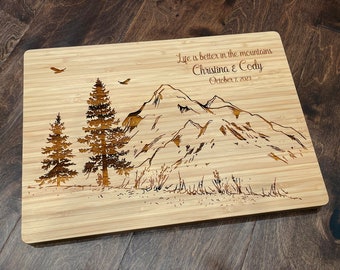 Personalized Cutting Board, Custom Wedding Gift, Pine Trees with Mountains, Climbing, Hikers, Custom Cheese Board, Bridal Shower, Wedding