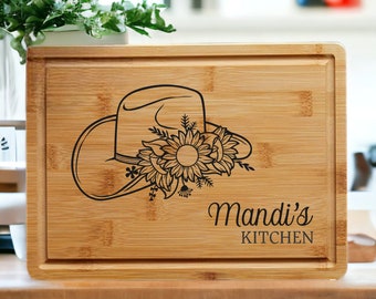 Cowboy Hat with Sunflowers Personalized Cutting Board