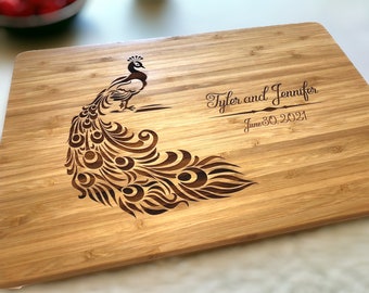 Personalized Custom Cutting Board Peacock Wedding Engagement Anniversary Housewarming Hostess Kitchen Art