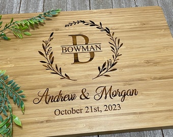 Personalized Floral Wedding Monogram Cutting Board | Floral Design Split Monogram | Anniversary Gift